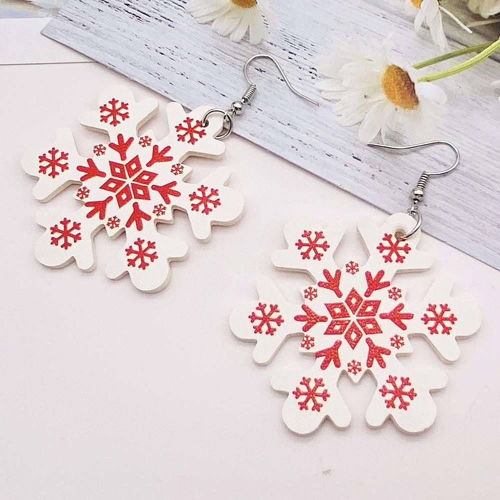 Wholesale Christmas Earrings Snowflake Double Sided Print PU Leather Earrings